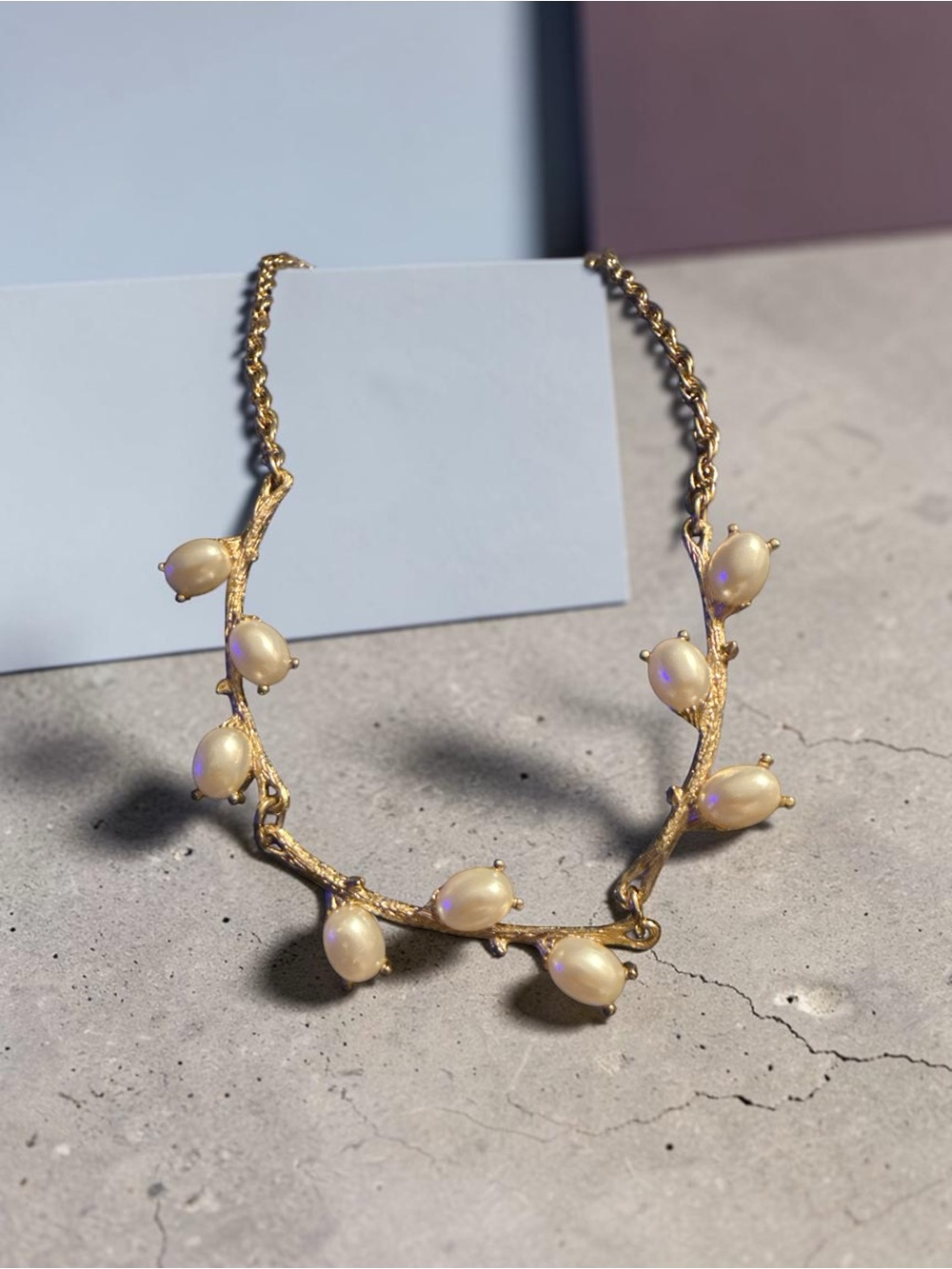 🌿 Vintage Sarah Coventry Pearl Branch Necklace Gold Tone 18”